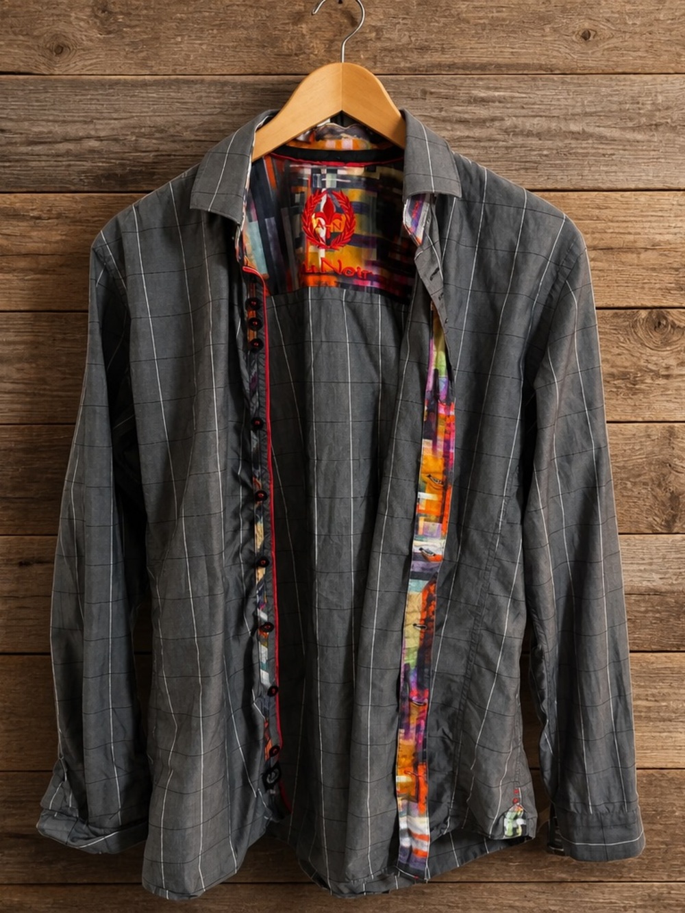 nOir Jewelry Multicolor Plaid Shirt with Red Embroidered Crest